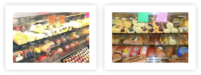Collage of two picture of cheese in shop